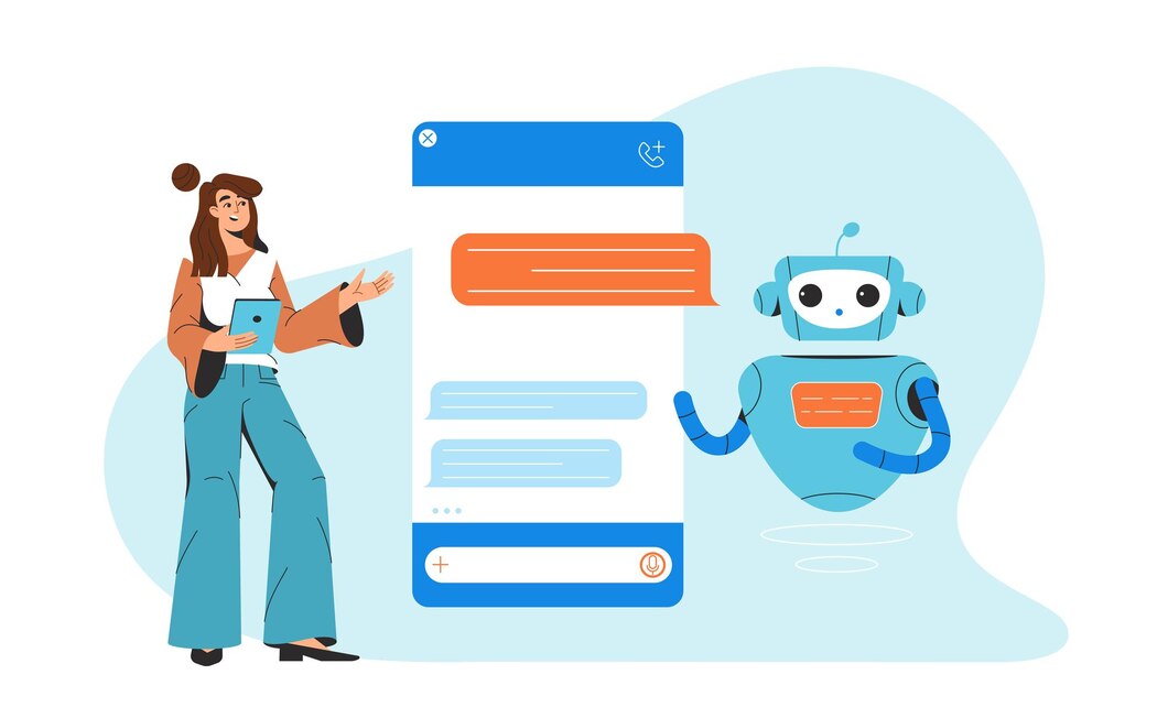 A woman chatting with a chatbot, representing communication with AI robot assistant.