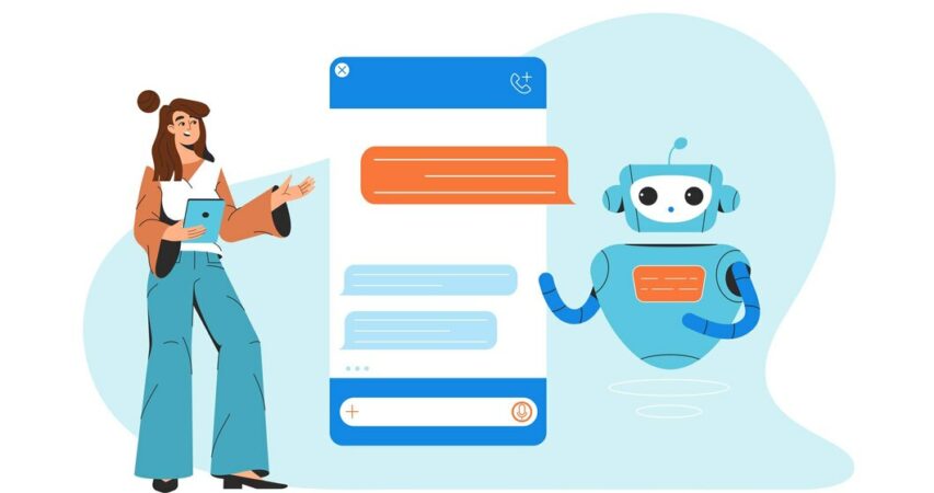 A woman chatting with a chatbot, representing communication with AI robot assistant.